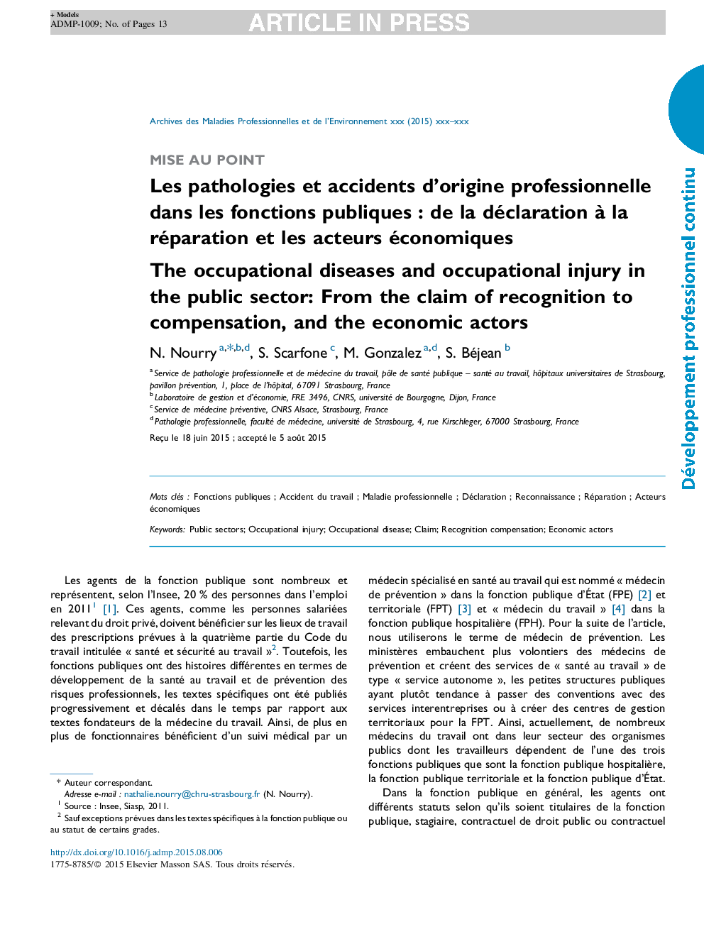 Les pathologies et accidents d'origine professionnelle dans les fonctions publiquesÂ : de la déclaration Ã  la réparation et les acteurs économiques