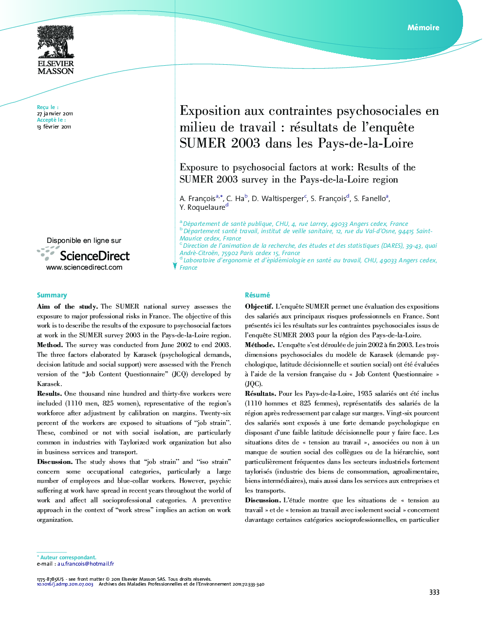 Exposition aux contraintes psychosociales en milieu de travailÂ : résultats de l'enquÃªte SUMER 2003Â dans les Pays-de-la-Loire