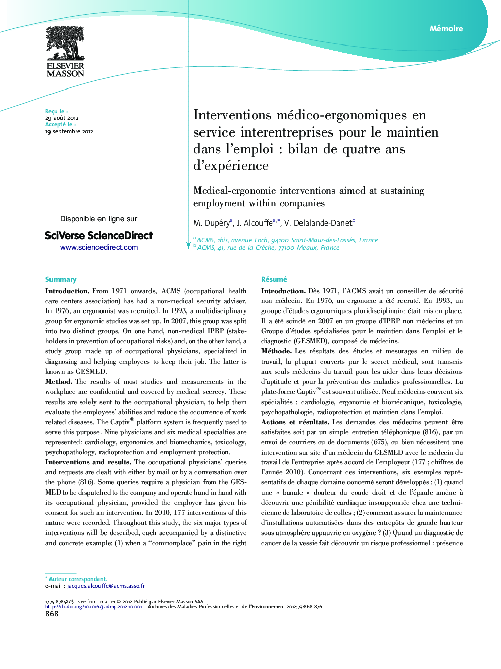 Interventions médico-ergonomiques en service interentreprises pour le maintien dans l'emploiÂ : bilan de quatre ans d'expérience