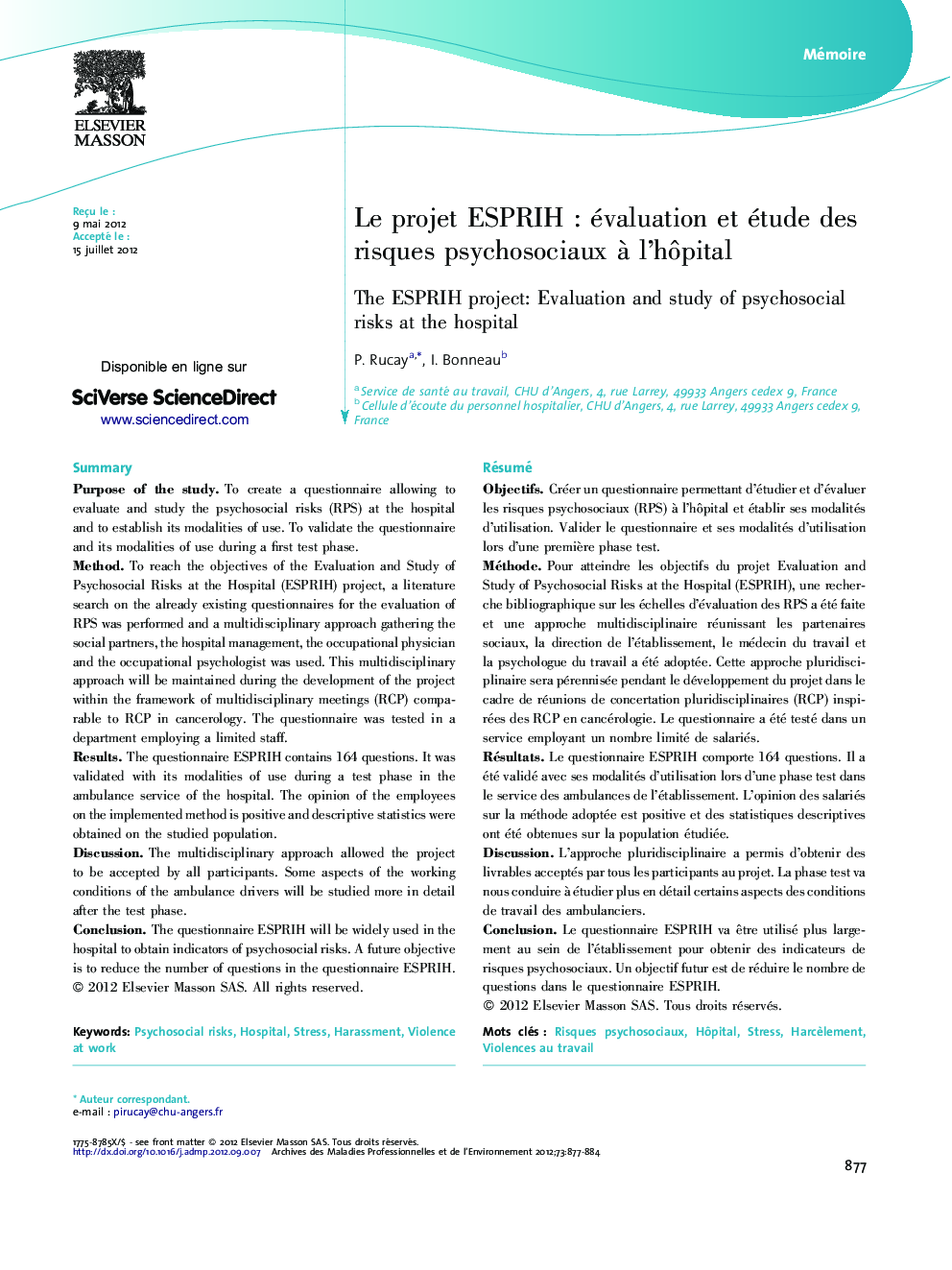 Le projet ESPRIHÂ : évaluation et étude des risques psychosociaux Ã  l'hÃ´pital