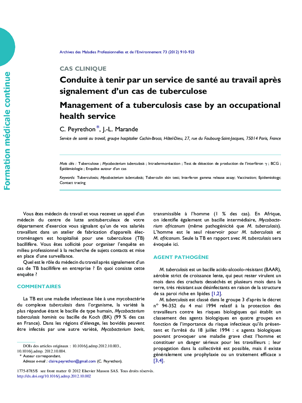 Conduite Ã  tenir par un service de santé au travail aprÃ¨s signalement d'un cas de tuberculose