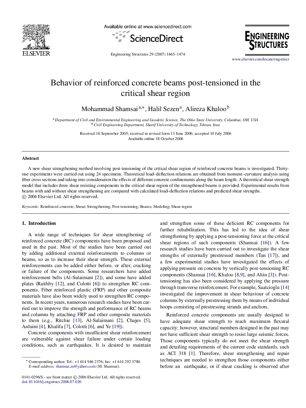 Behavior of reinforced concrete beams post-tensioned in the critical shear region