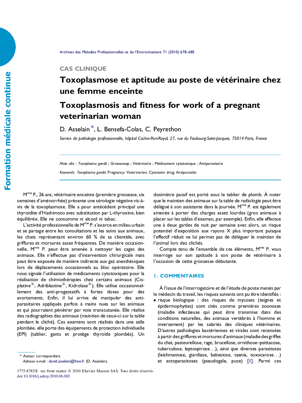 Toxoplasmose et aptitude au poste de vétérinaire chez une femme enceinte