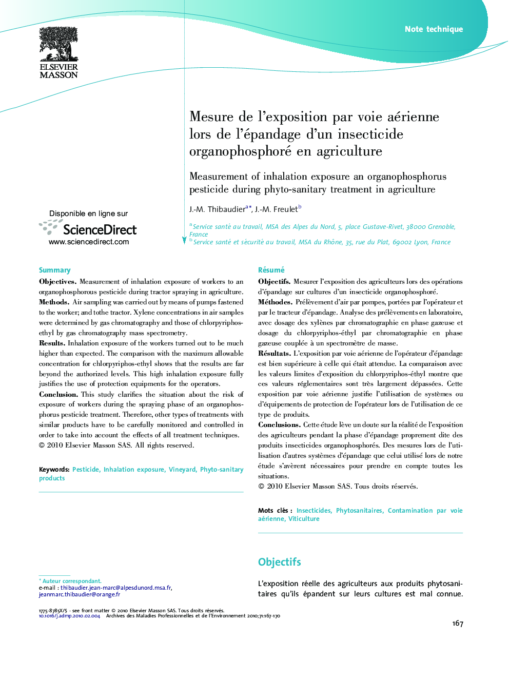 Mesure de l'exposition par voie aérienne lors de l'épandage d'un insecticide organophosphoré en agriculture