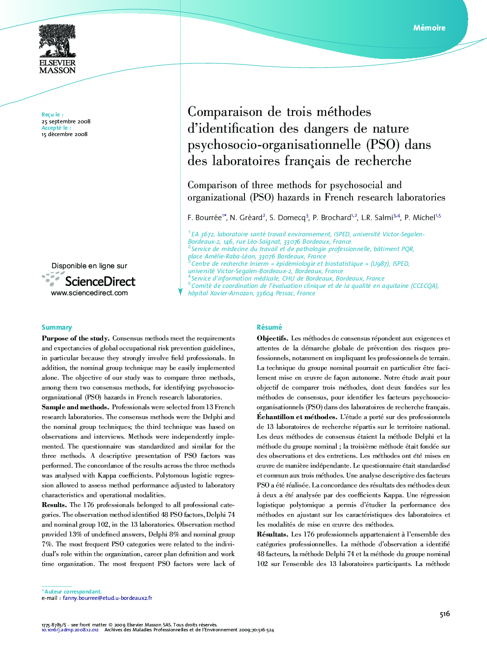 عکس صفحه اول مقاله: Comparaison de trois méthodes d'identification des dangers de nature psychosocio-organisationnelle (PSO) dans des laboratoires français de recherche Comparaison de trois méthodes d'identification des dangers de nature psychosocio-organisationnelle (PSO) dans des laboratoires français de recherche
