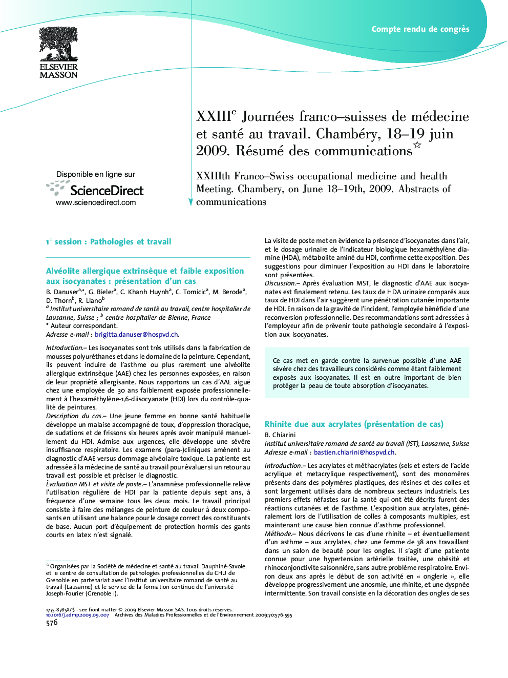 عکس صفحه اول مقاله: XXIIIes Journees franco-suisses de medecine et sante au travail. Chambery, 18-19 juin 2009. Resume des communications XXIIIes Journees franco-suisses de medecine et sante au travail. Chambery, 18-19 juin 2009. Resume des communications