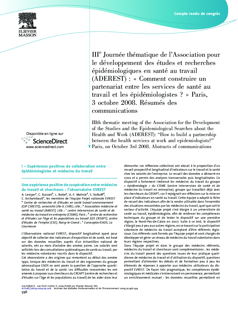 عکس صفحه اول مقاله: Comment construire un partenariat entre les services de sante au travail et les epidemiologistes Comment construire un partenariat entre les services de sante au travail et les epidemiologistes