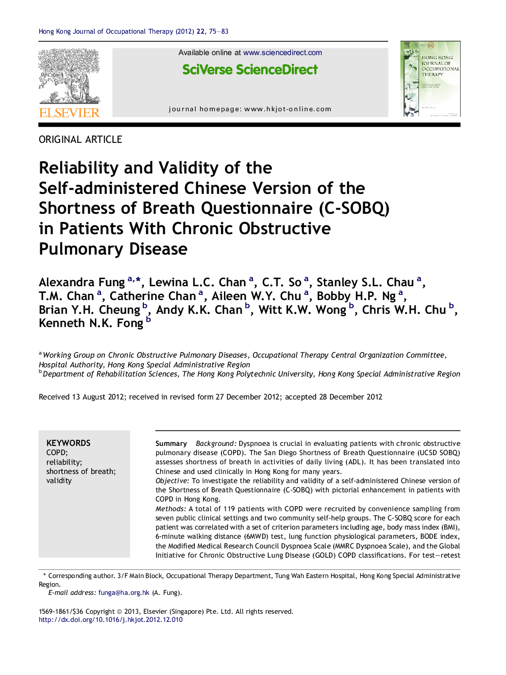 Reliability and Validity of the Self-administered Chinese Version of the Shortness of Breath Questionnaire (C-SOBQ) in Patients With Chronic Obstructive Pulmonary Disease