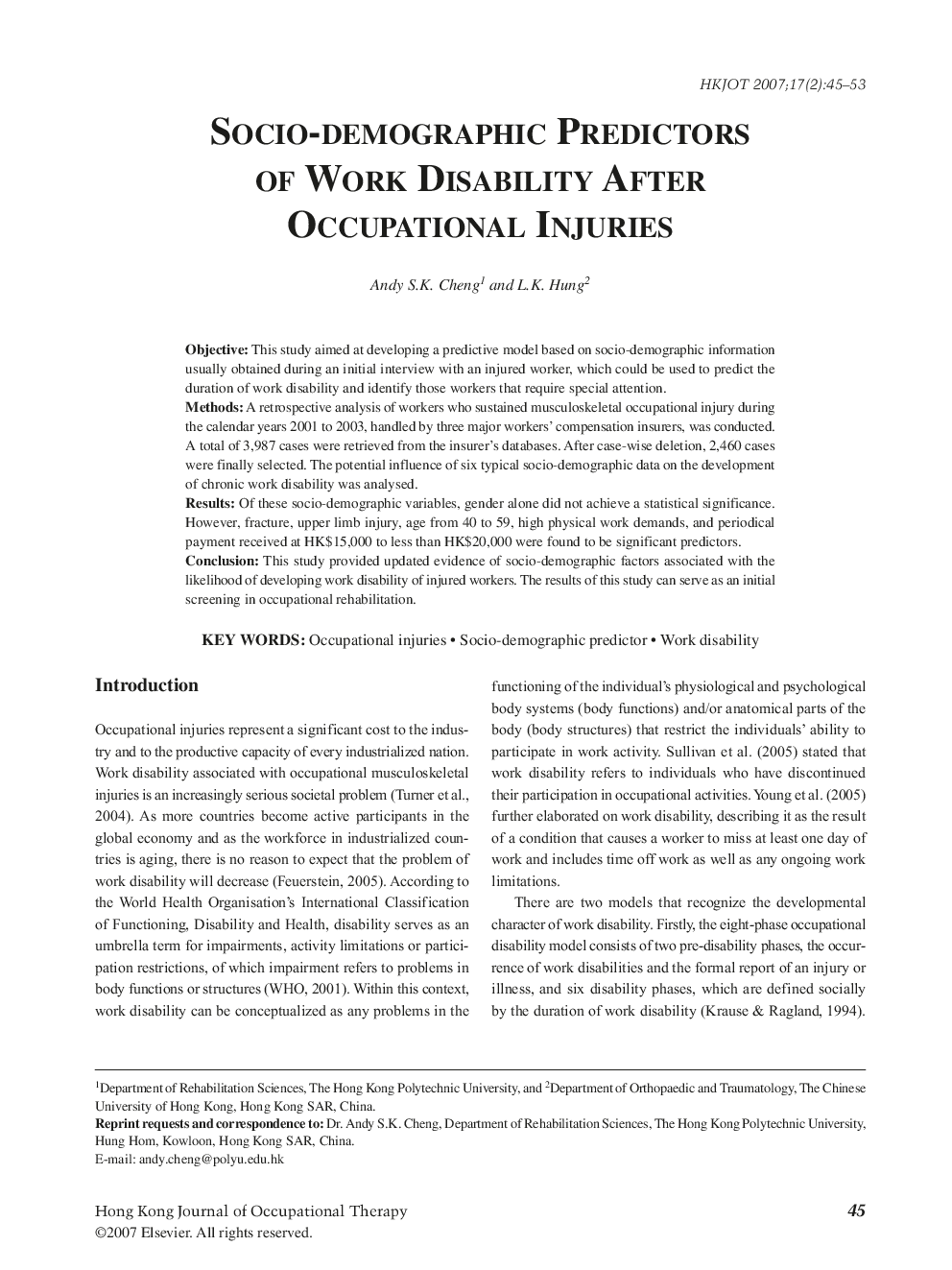 Socio-Demographic Predictors of Work Disability After Occupational Injuries