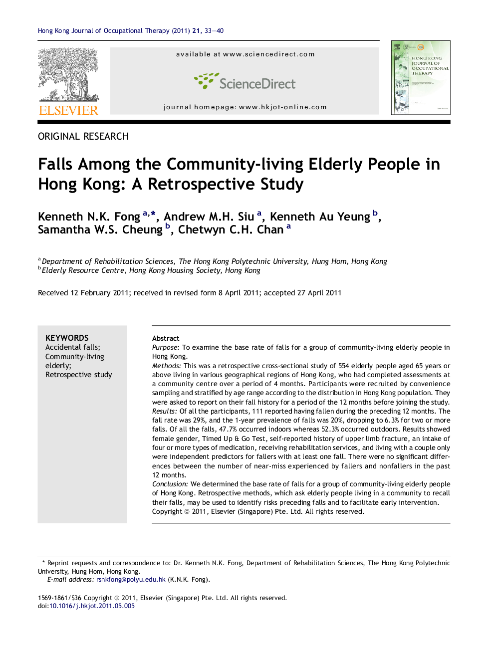 Falls Among the Community-living Elderly People in Hong Kong: A Retrospective Study