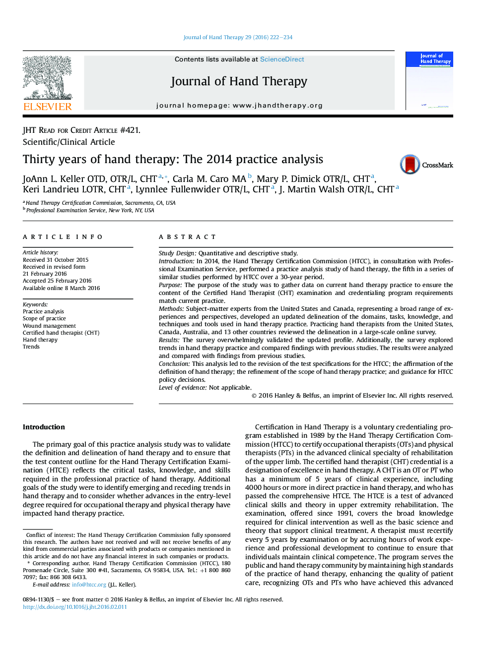 Thirty years of hand therapy: The 2014 practice analysis 