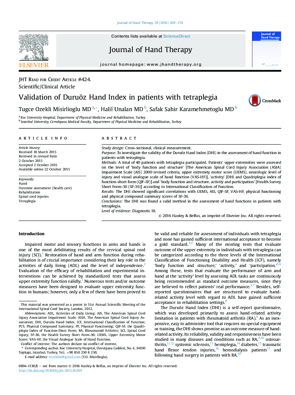 Validation of Duruöz Hand Index in patients with tetraplegia 