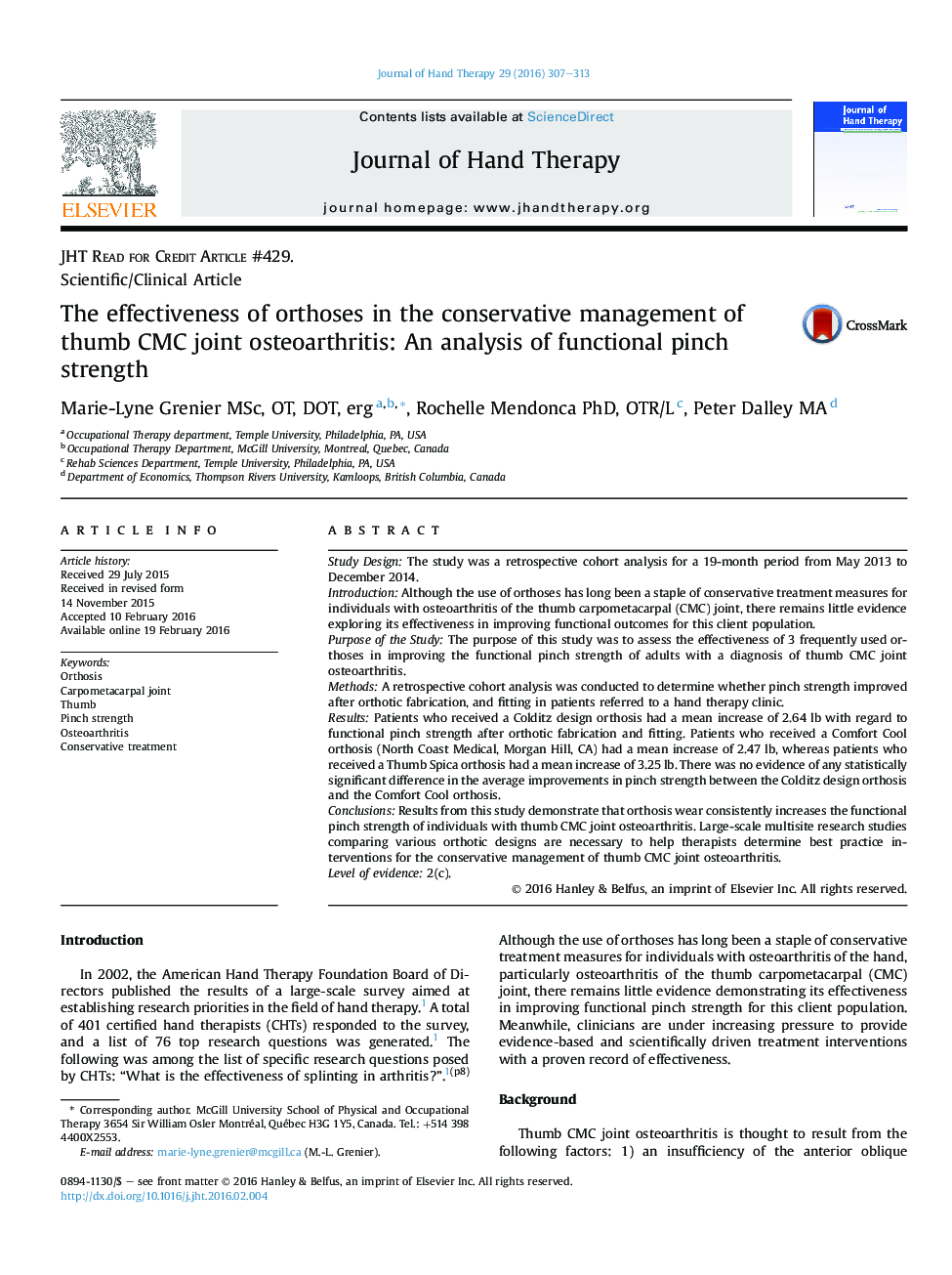 The effectiveness of orthoses in the conservative management of thumb CMC joint osteoarthritis: An analysis of functional pinch strength