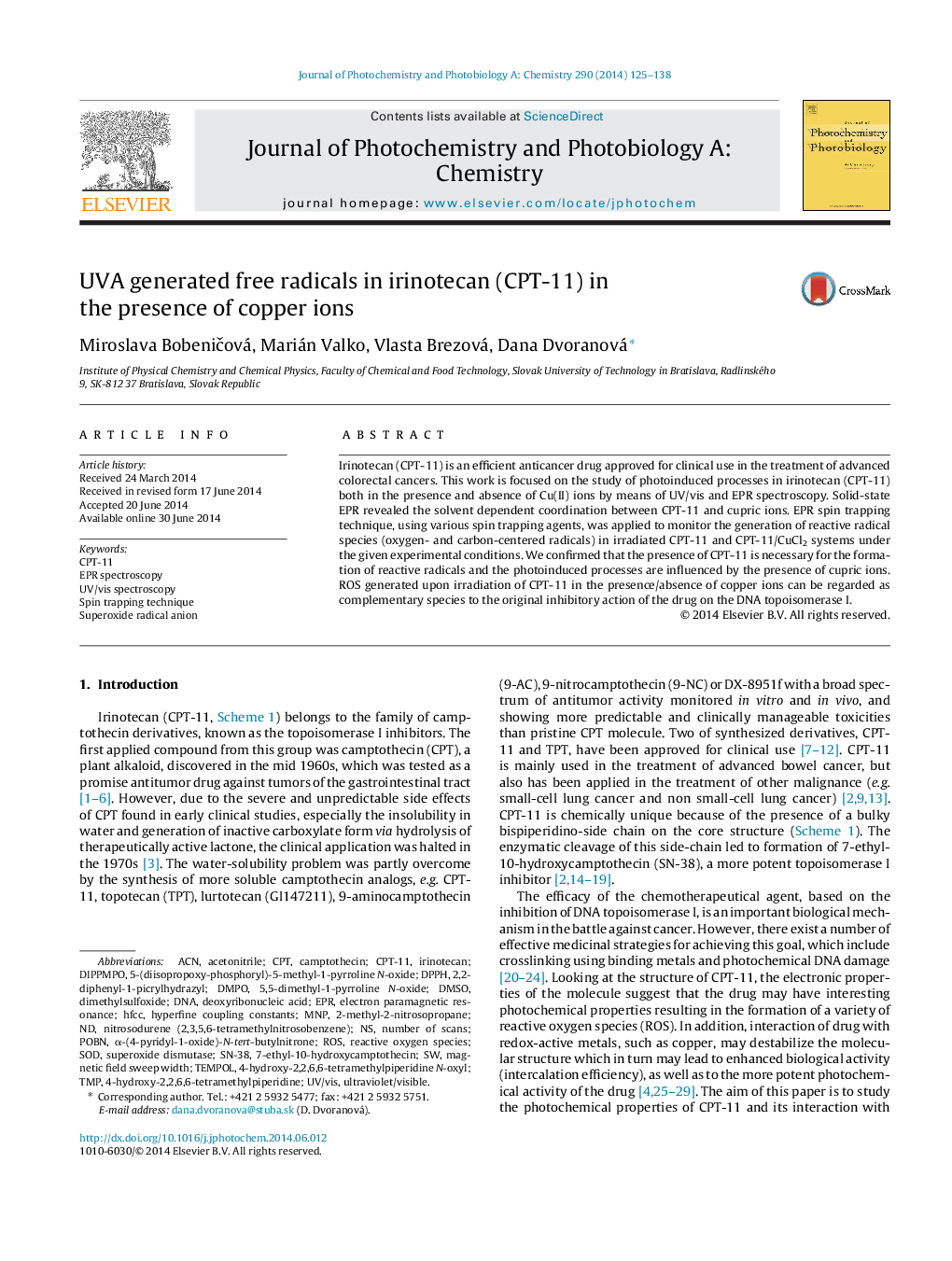 UVA generated free radicals in irinotecan (CPT-11) in the presence of copper ions