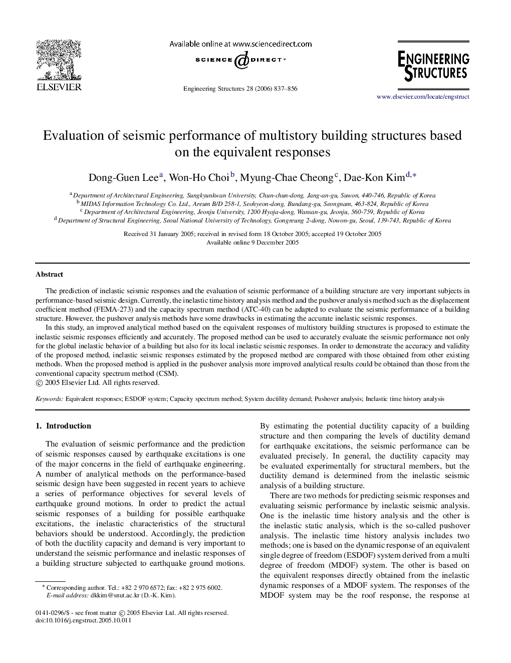 Evaluation of seismic performance of multistory building structures based on the equivalent responses