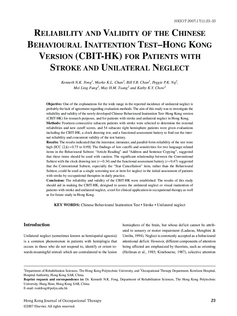 Reliability and Validity of the Chinese Behavioural Inattention Test–Hong Kong Version (CBIT-HK) for Patients with Stroke and Unilateral Neglect