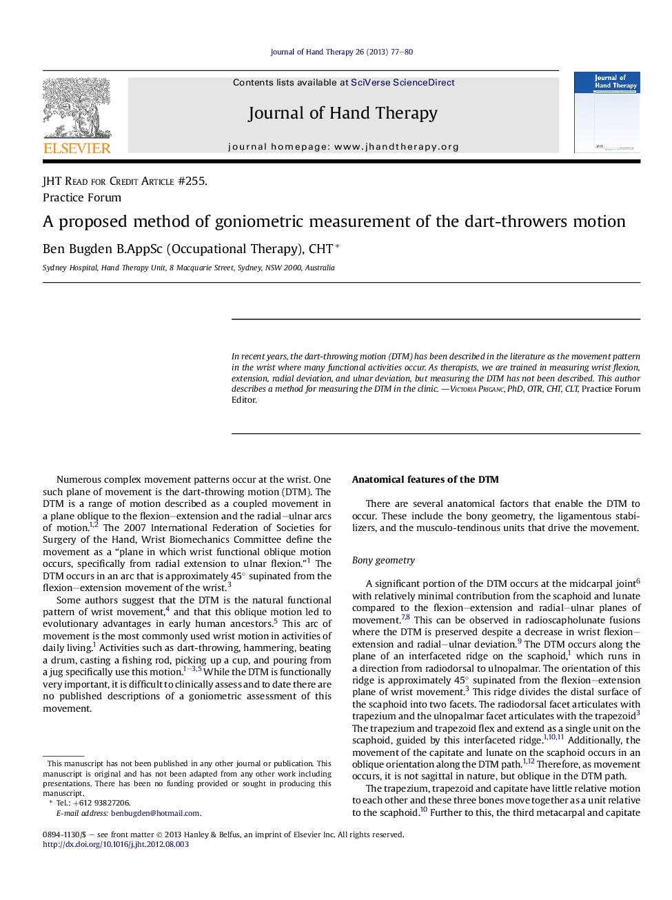 A proposed method of goniometric measurement of the dart-throwers motion 