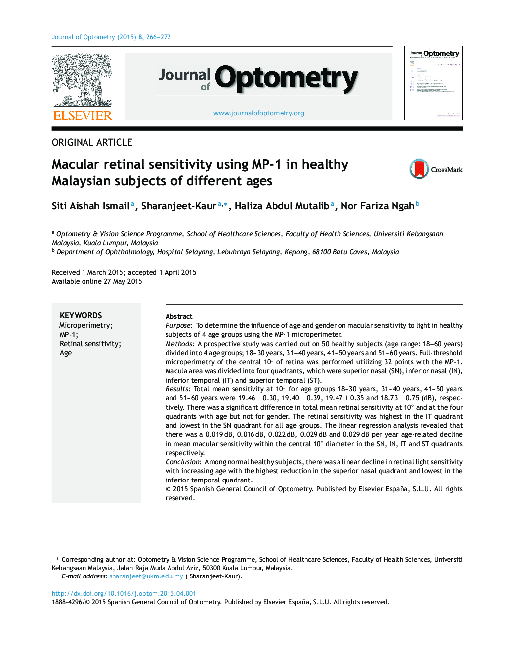 Macular retinal sensitivity using MP-1 in healthy Malaysian subjects of different ages