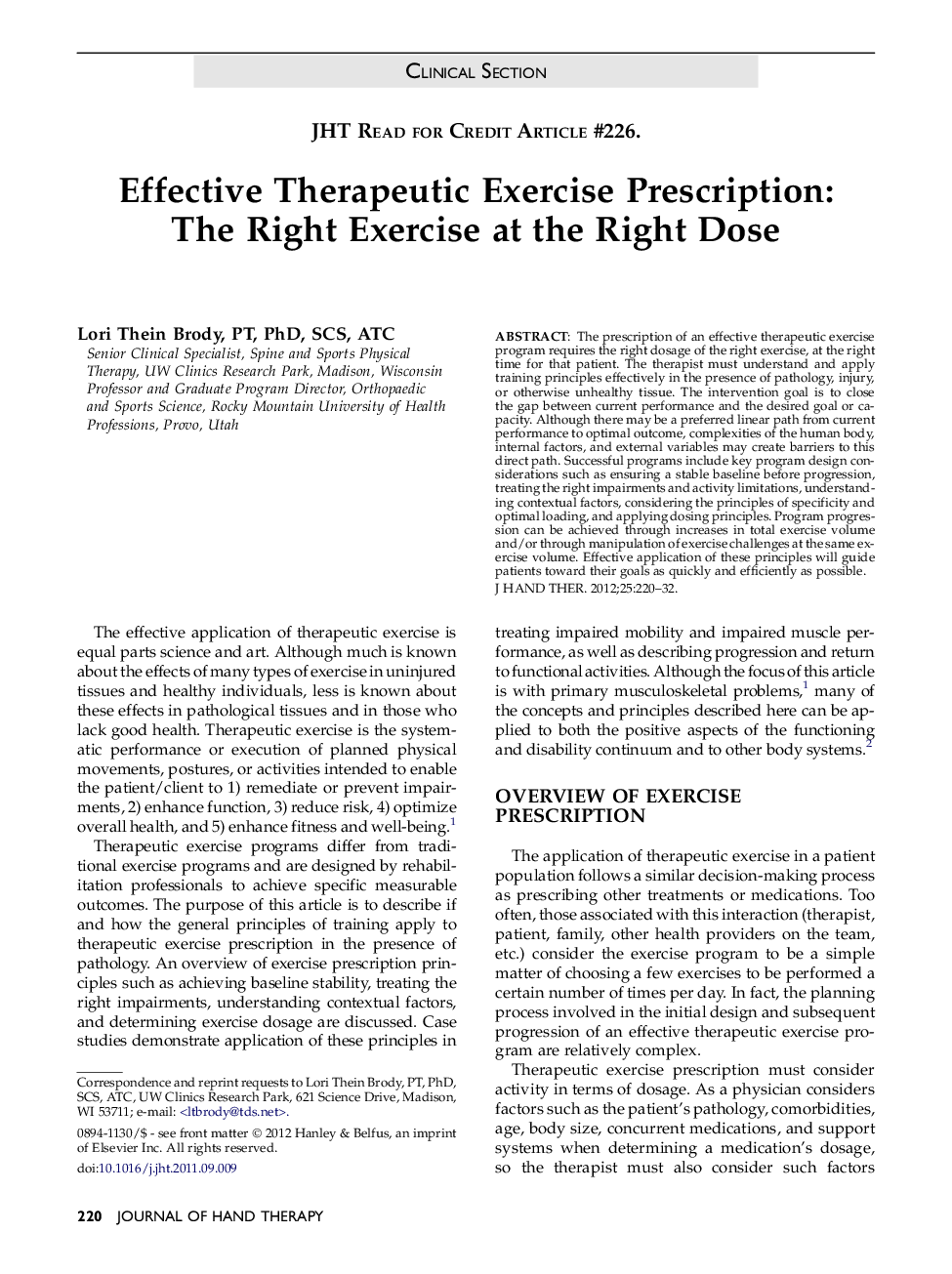 Effective Therapeutic Exercise Prescription: The Right Exercise at the Right Dose