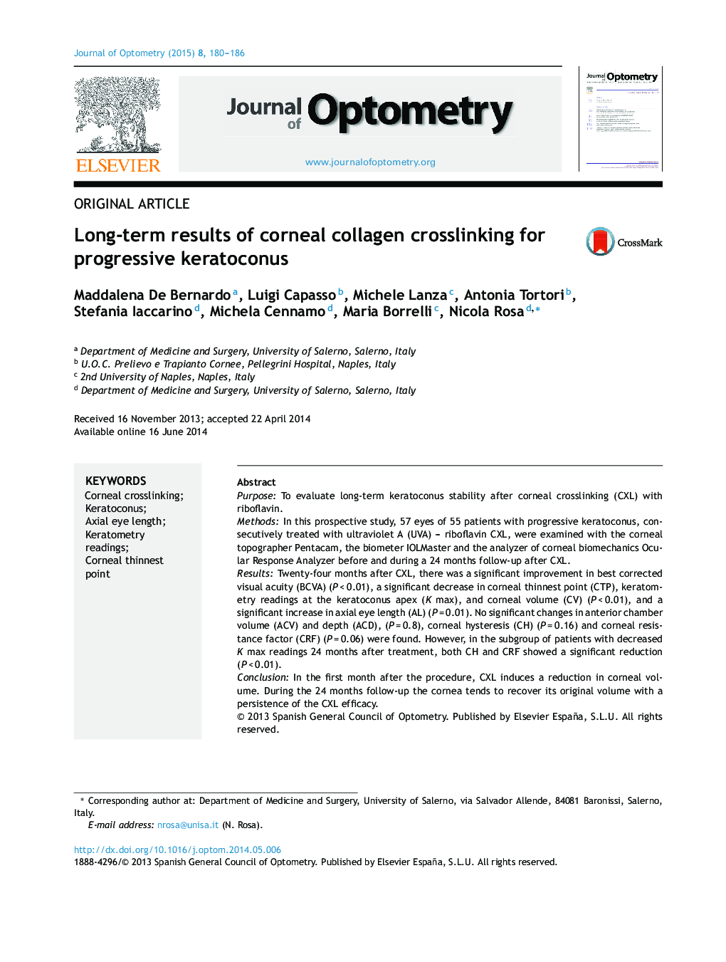 Long-term results of corneal collagen crosslinking for progressive keratoconus