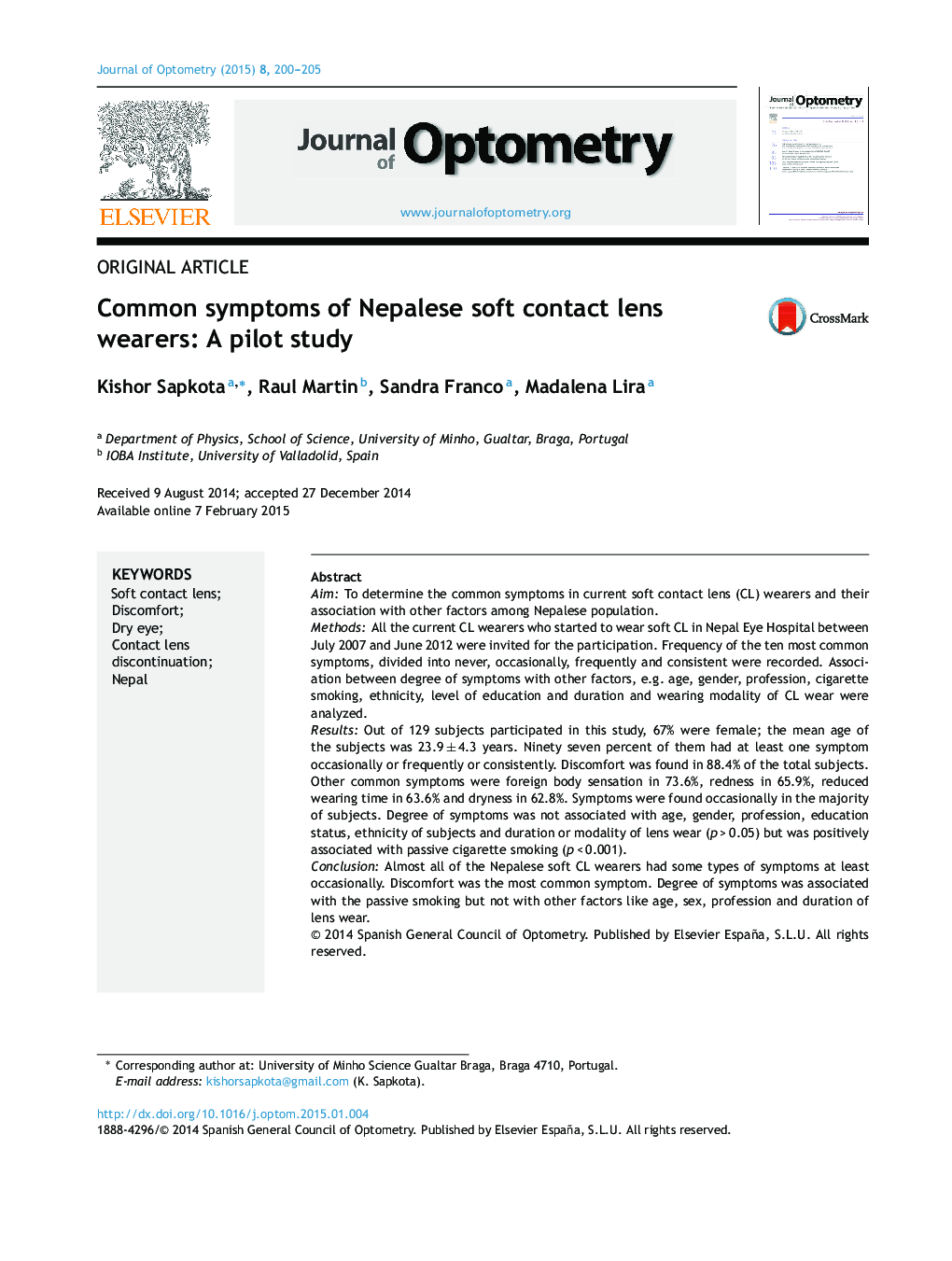 Common symptoms of Nepalese soft contact lens wearers: A pilot study