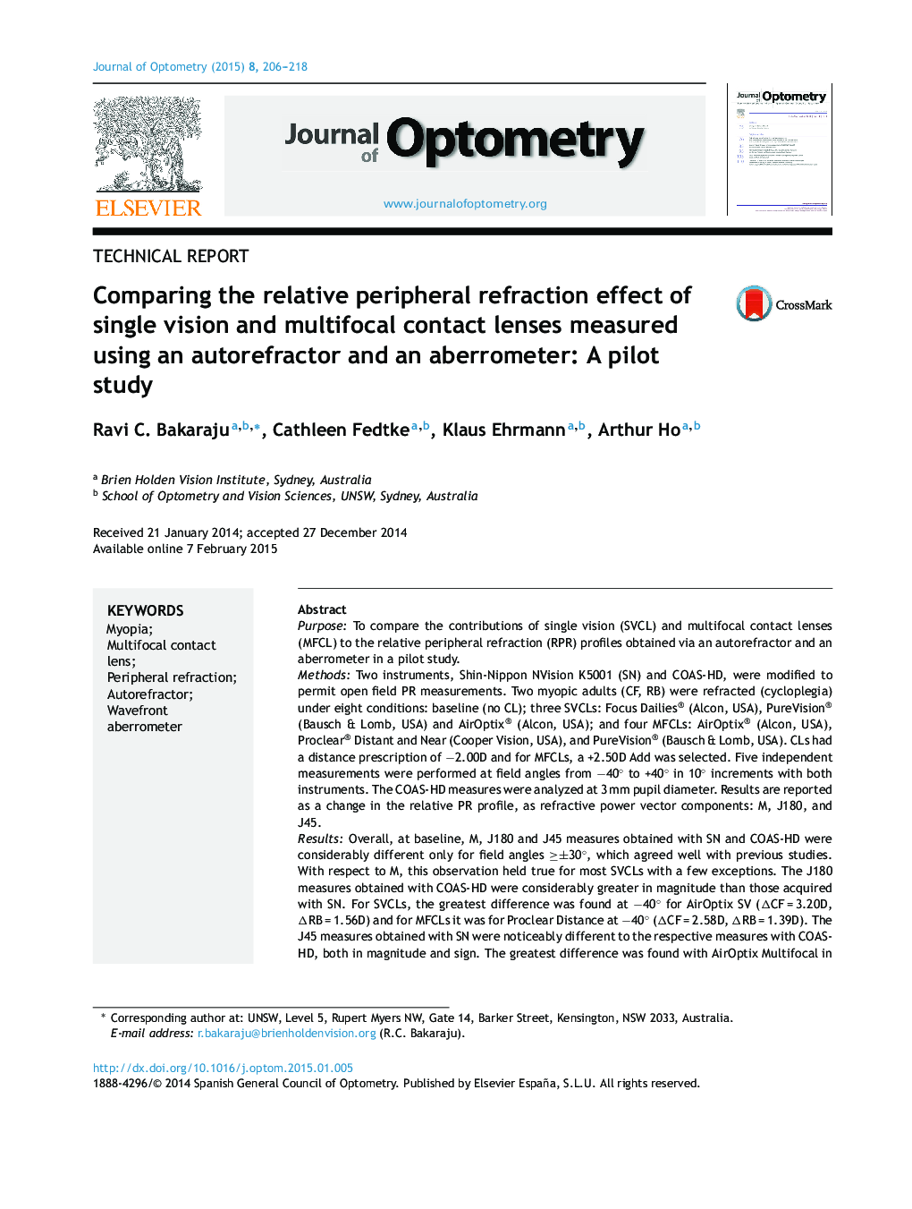 Comparing the relative peripheral refraction effect of single vision and multifocal contact lenses measured using an autorefractor and an aberrometer: A pilot study