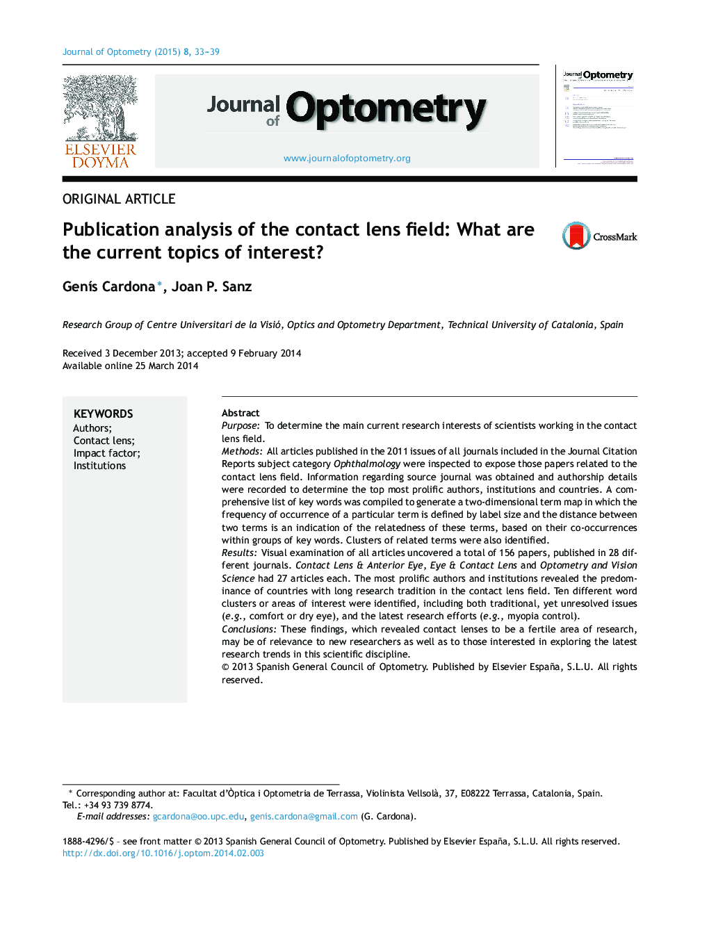 Publication analysis of the contact lens field: What are the current topics of interest?