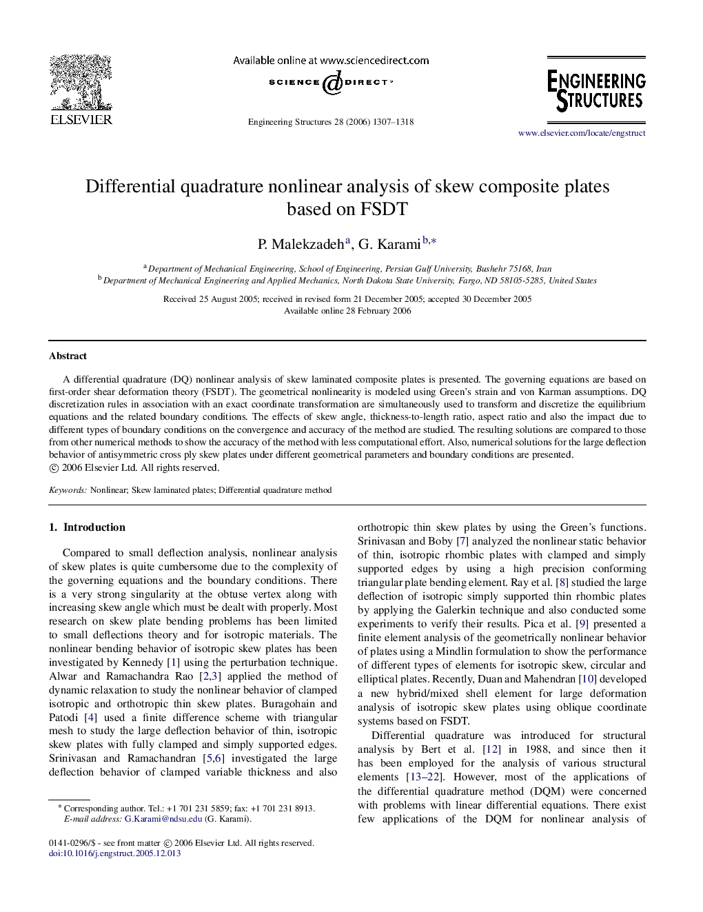 Differential quadrature nonlinear analysis of skew composite plates based on FSDT