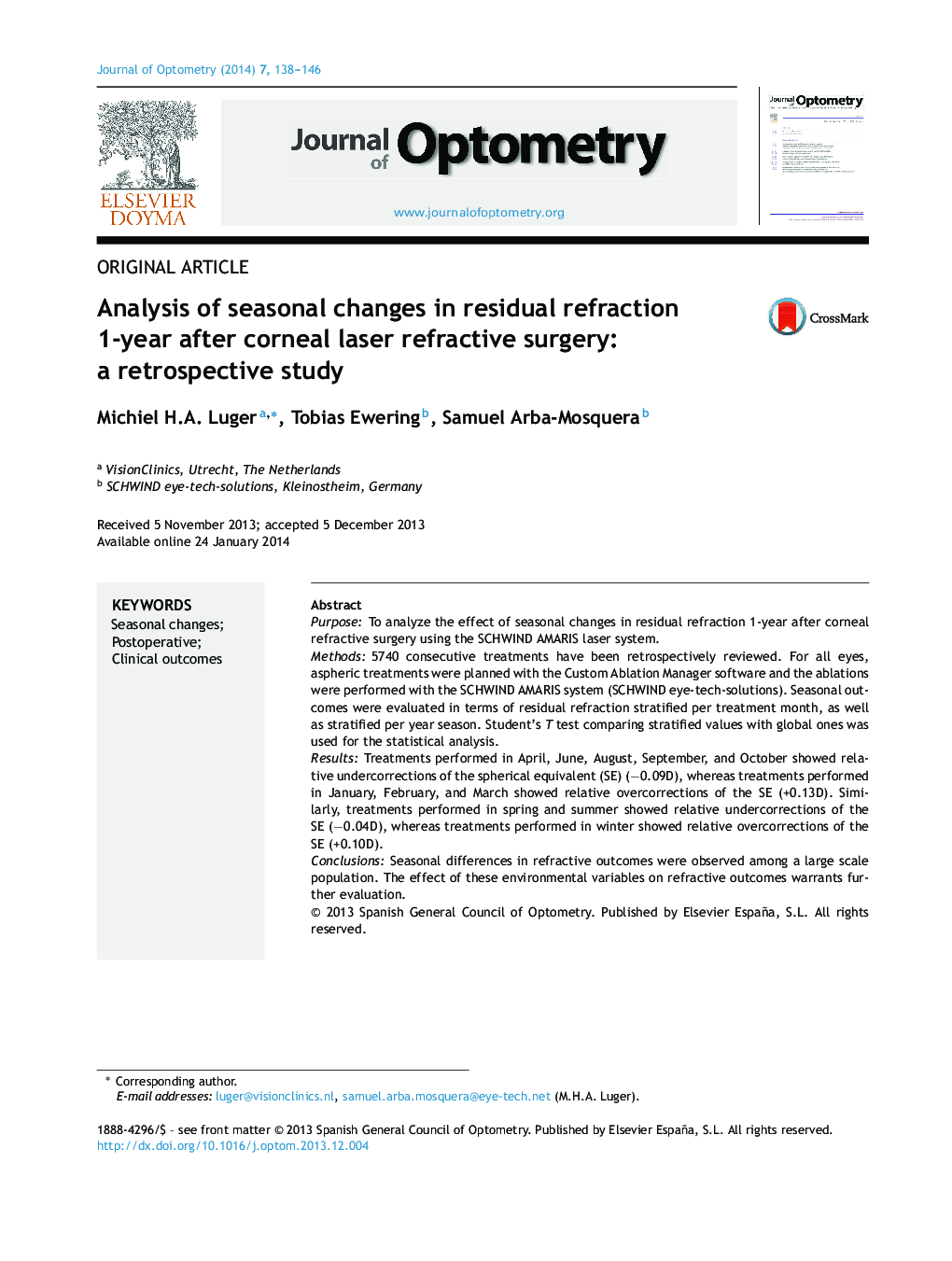 Analysis of seasonal changes in residual refraction 1-year after corneal laser refractive surgery: a retrospective study