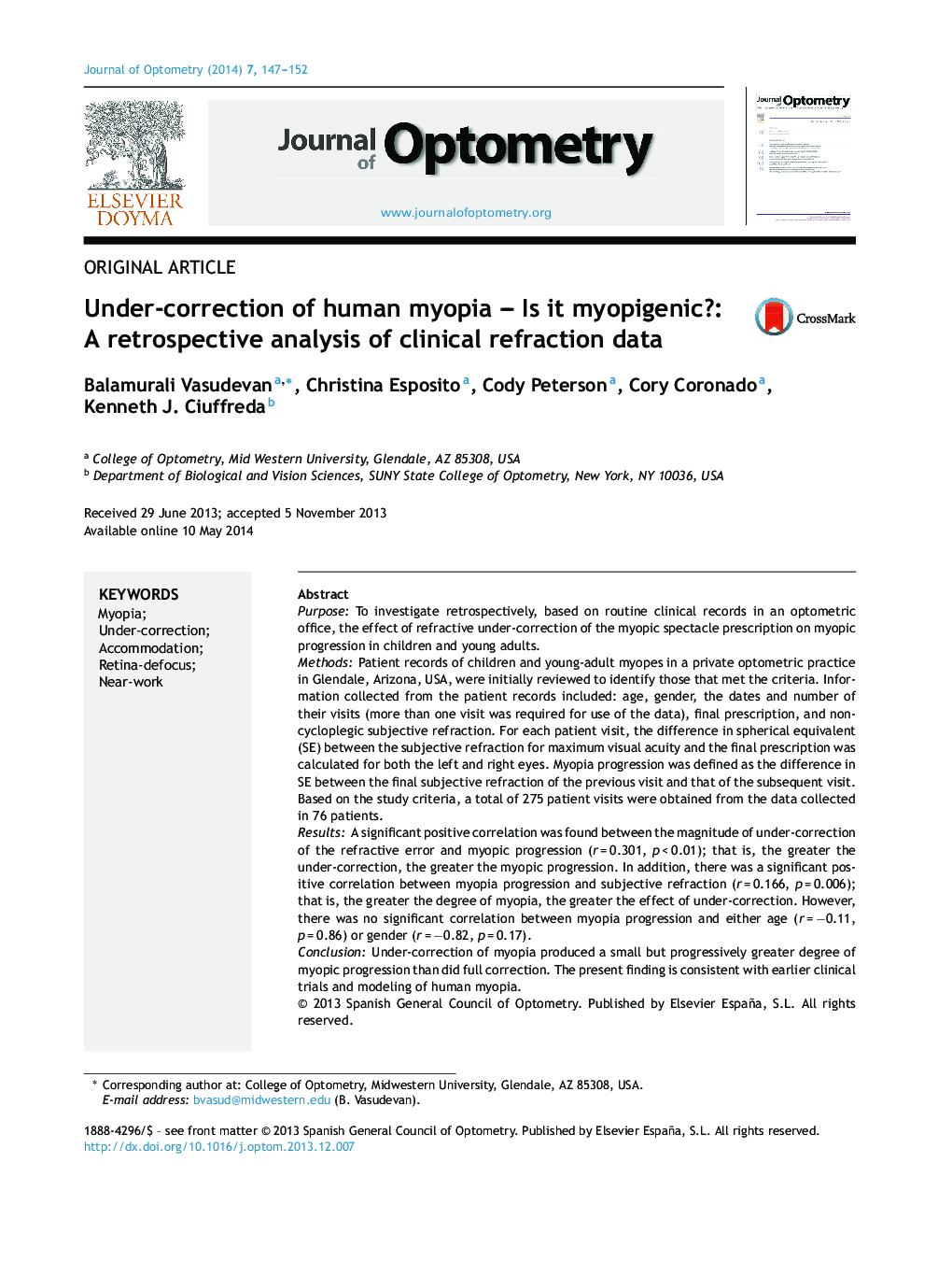 Under-correction of human myopia – Is it myopigenic?: A retrospective analysis of clinical refraction data