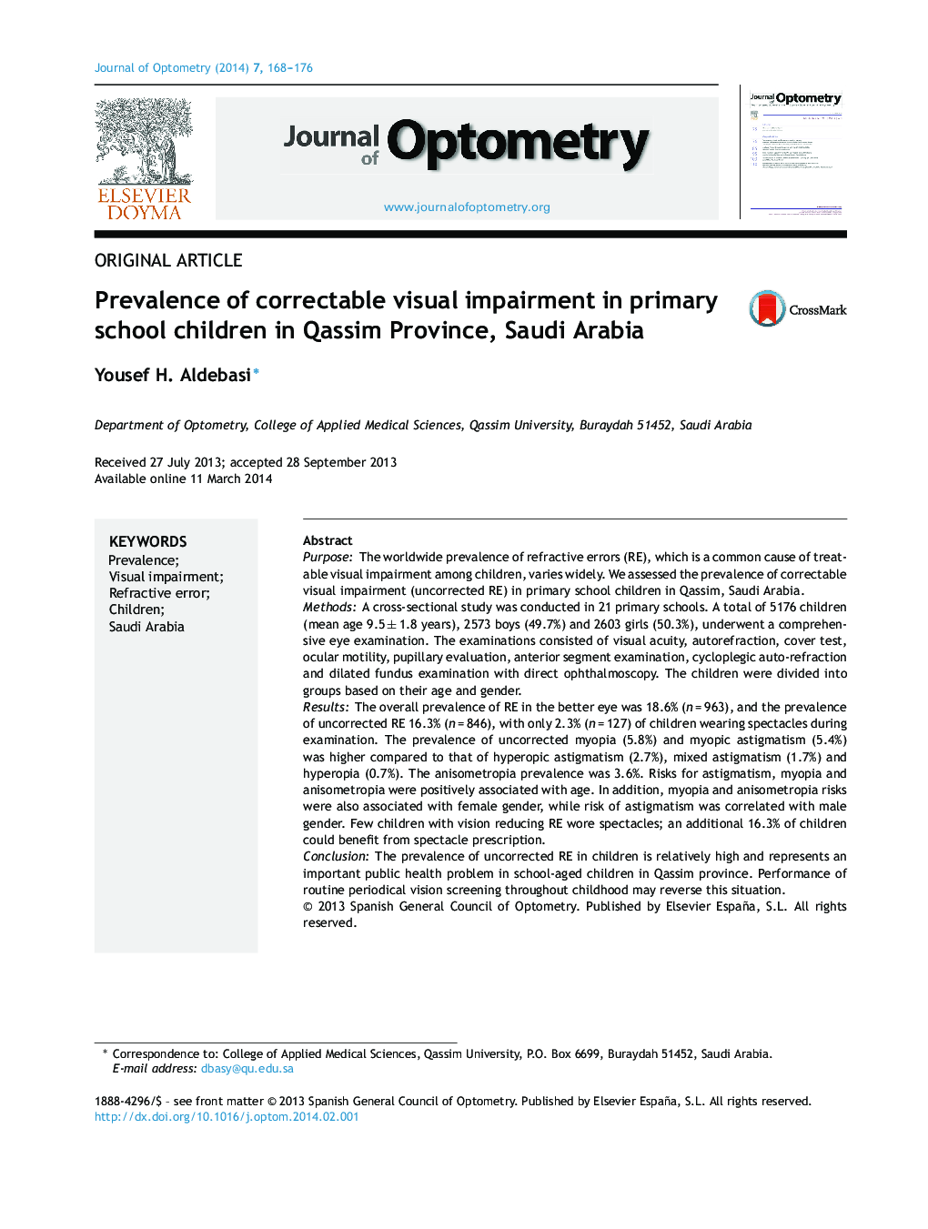 Prevalence of correctable visual impairment in primary school children in Qassim Province, Saudi Arabia