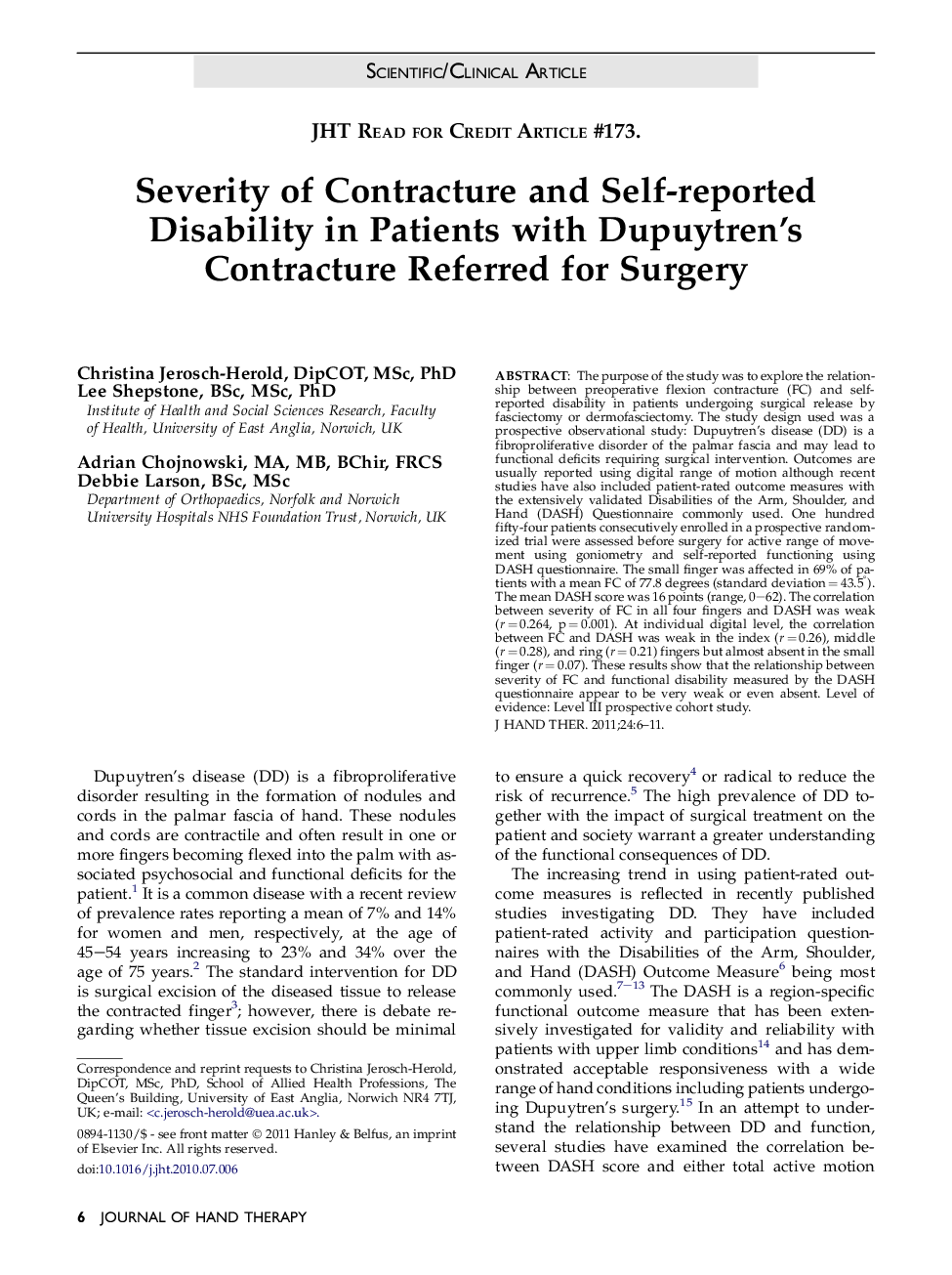 Severity of Contracture and Self-reported Disability in Patients with Dupuytren’s Contracture Referred for Surgery