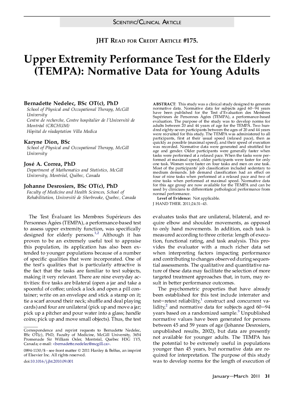 Upper Extremity Performance Test for the Elderly (TEMPA): Normative Data for Young Adults