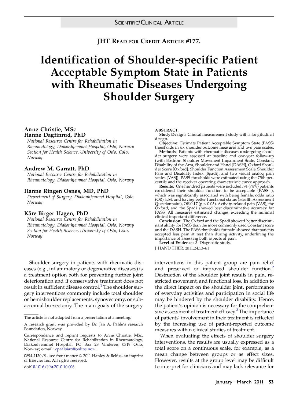 Identification of Shoulder-specific Patient Acceptable Symptom State in Patients with Rheumatic Diseases Undergoing Shoulder Surgery 