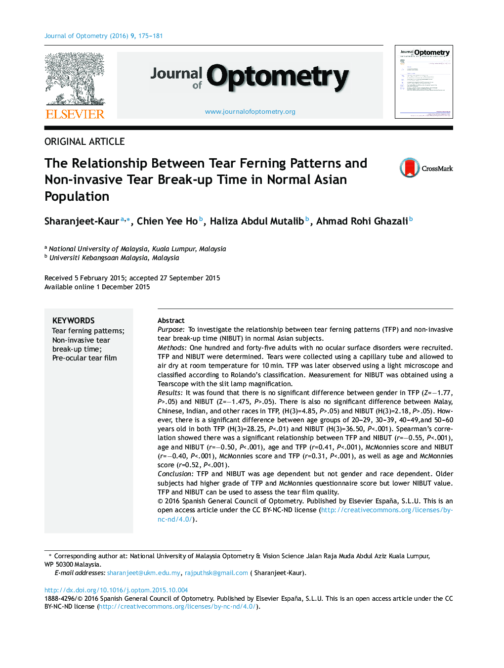 The Relationship Between Tear Ferning Patterns and Non-invasive Tear Break-up Time in Normal Asian Population