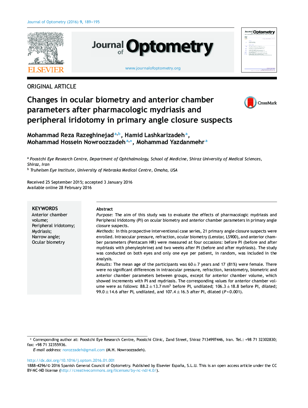 Changes in ocular biometry and anterior chamber parameters after pharmacologic mydriasis and peripheral iridotomy in primary angle closure suspects