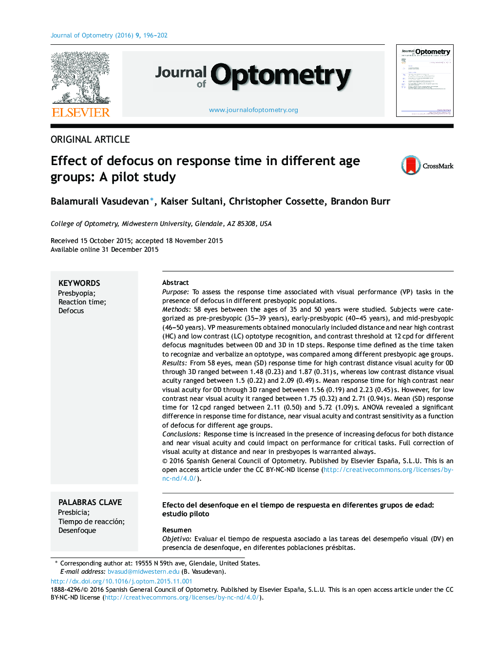 Effect of defocus on response time in different age groups: A pilot study