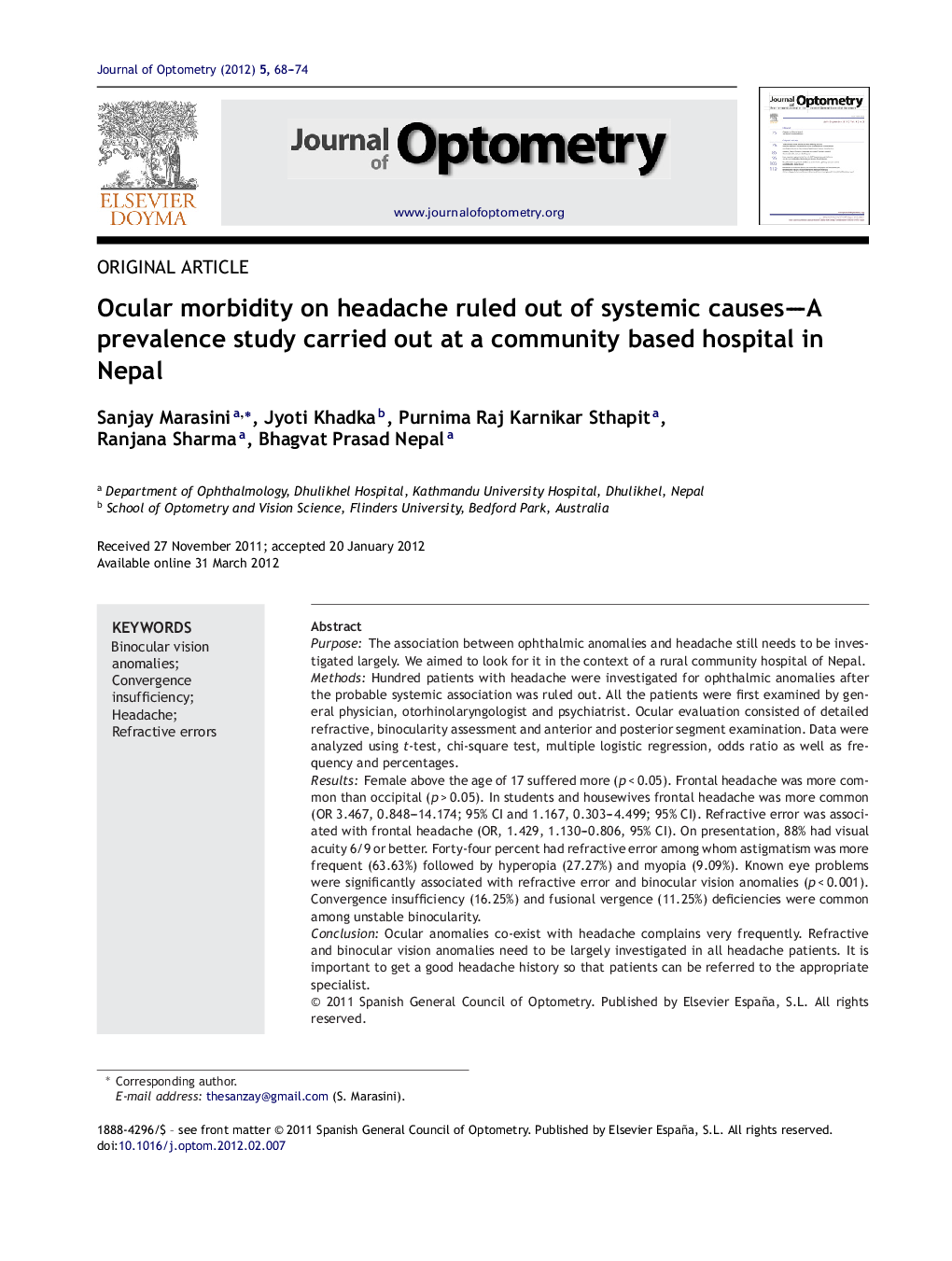 Ocular morbidity on headache ruled out of systemic causes—A prevalence study carried out at a community based hospital in Nepal