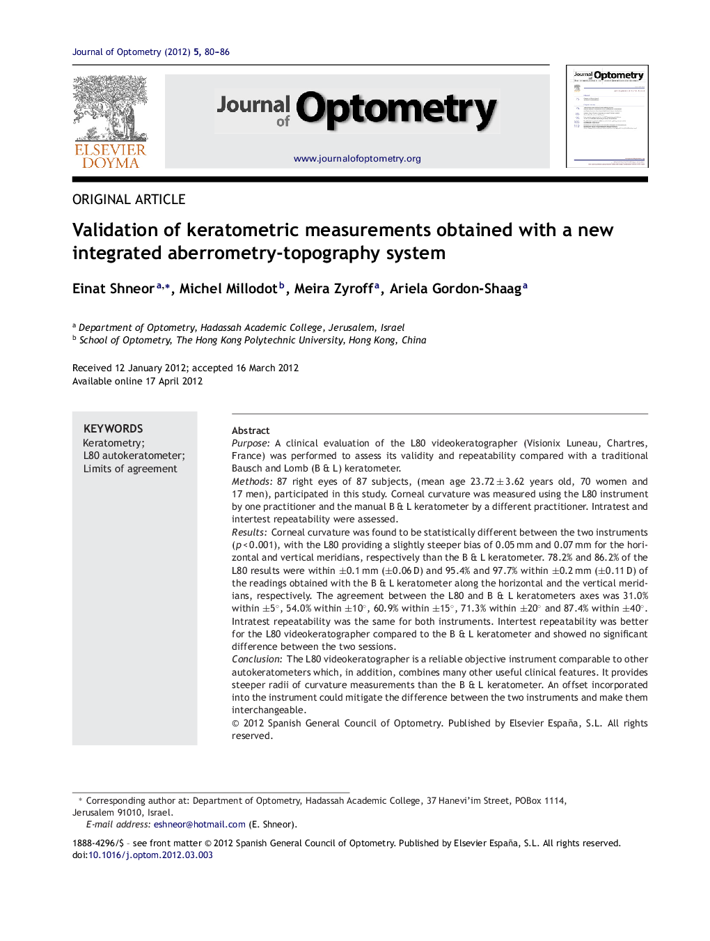 Validation of keratometric measurements obtained with a new integrated aberrometry-topography system