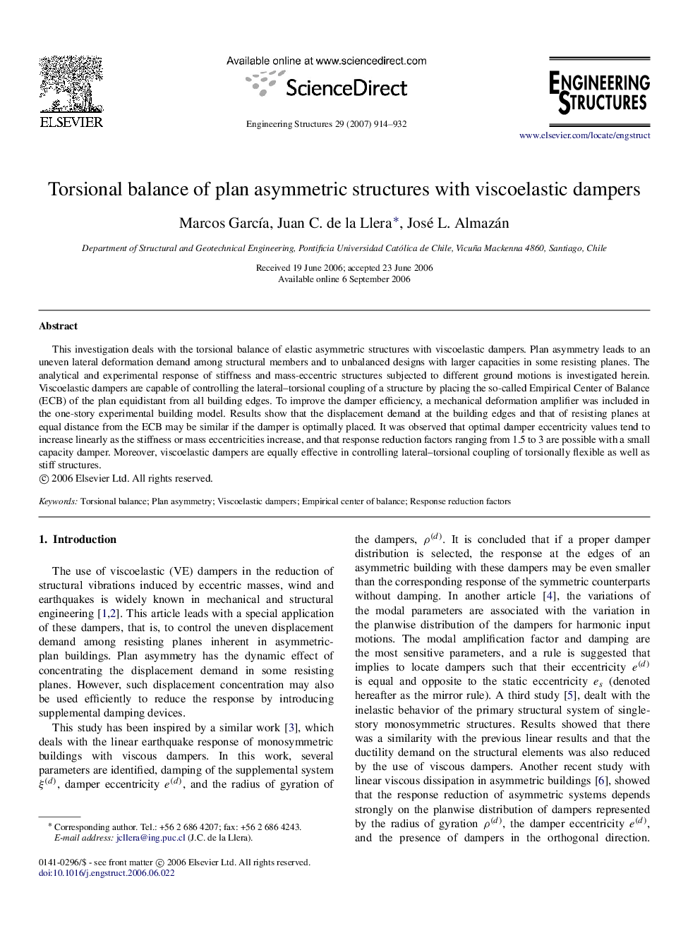 Torsional balance of plan asymmetric structures with viscoelastic dampers