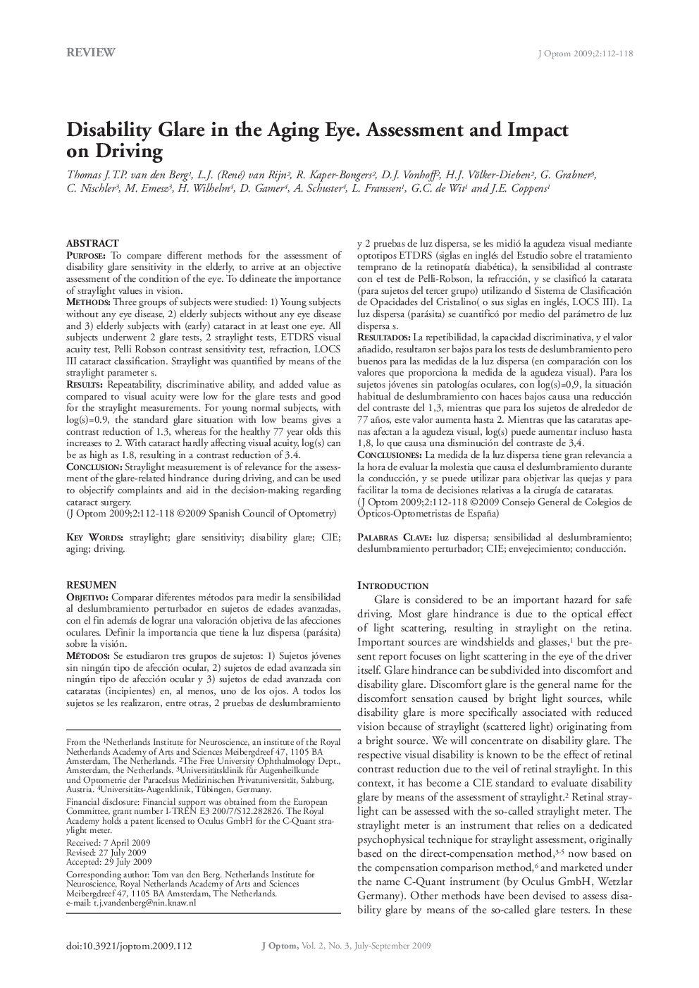 Disability Glare in the Aging Eye. Assessment and Impact on Driving 