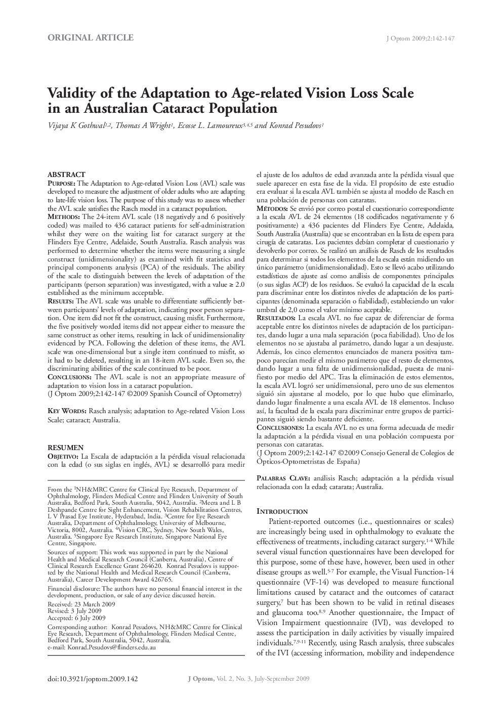 Validity of the Adaptation to Age-related Vision Loss Scale in an Australian Cataract Population