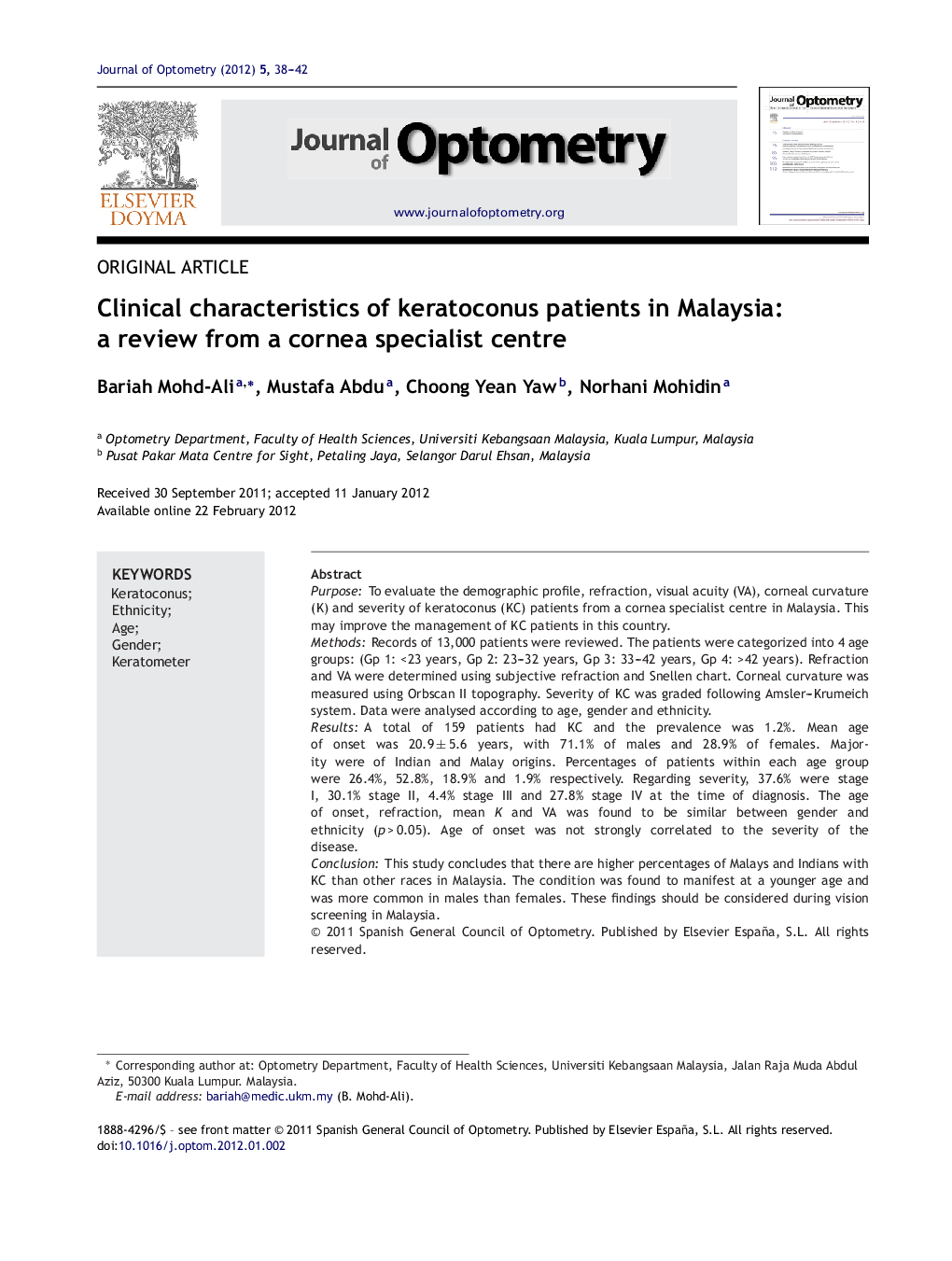 Clinical characteristics of keratoconus patients in Malaysia: a review from a cornea specialist centre