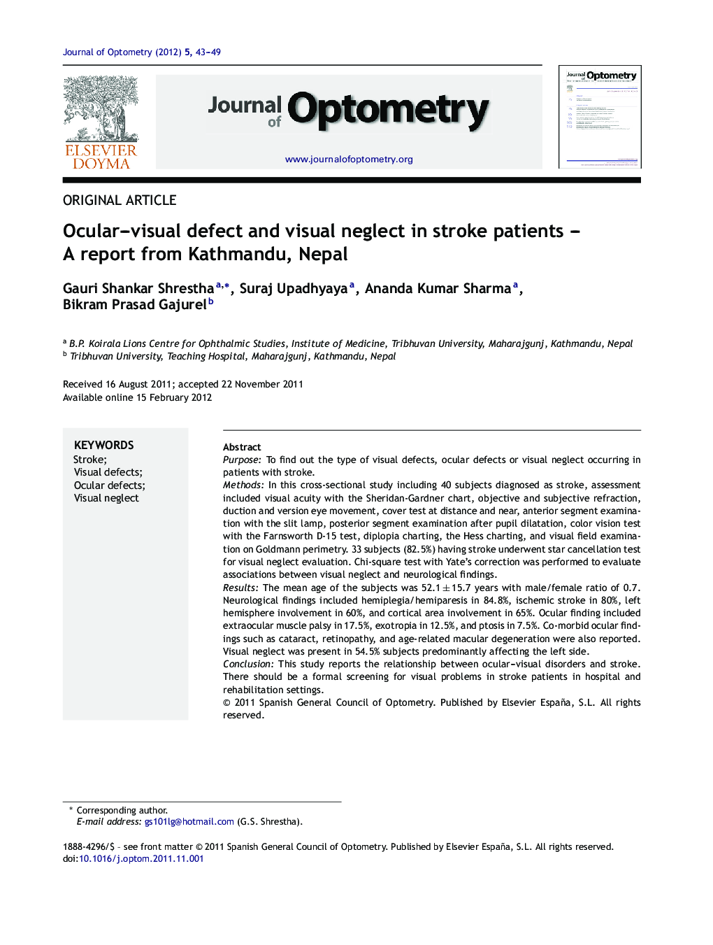 Ocular–visual defect and visual neglect in stroke patients – A report from Kathmandu, Nepal