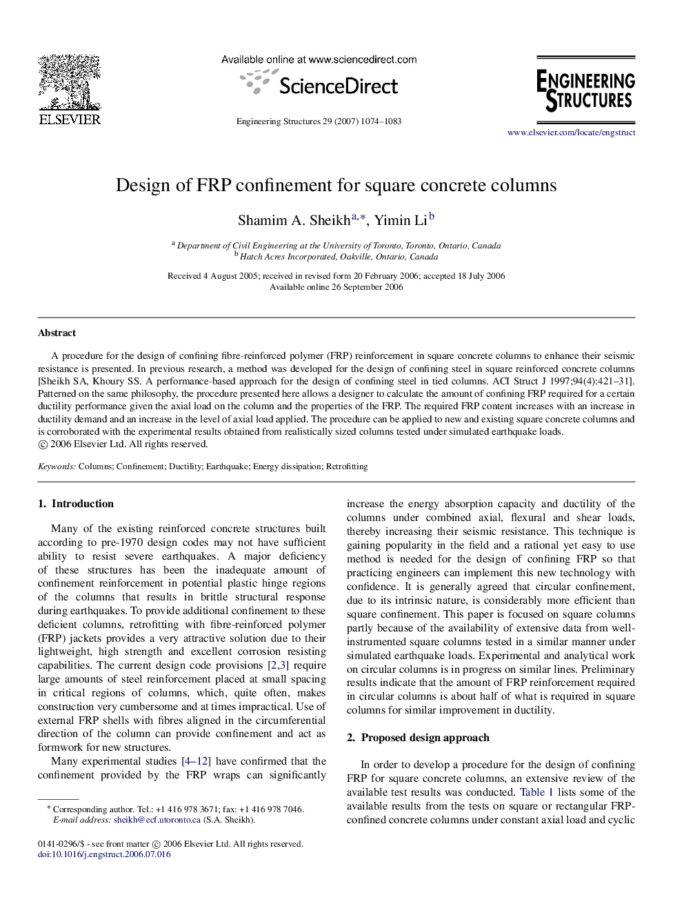 Design of FRP confinement for square concrete columns