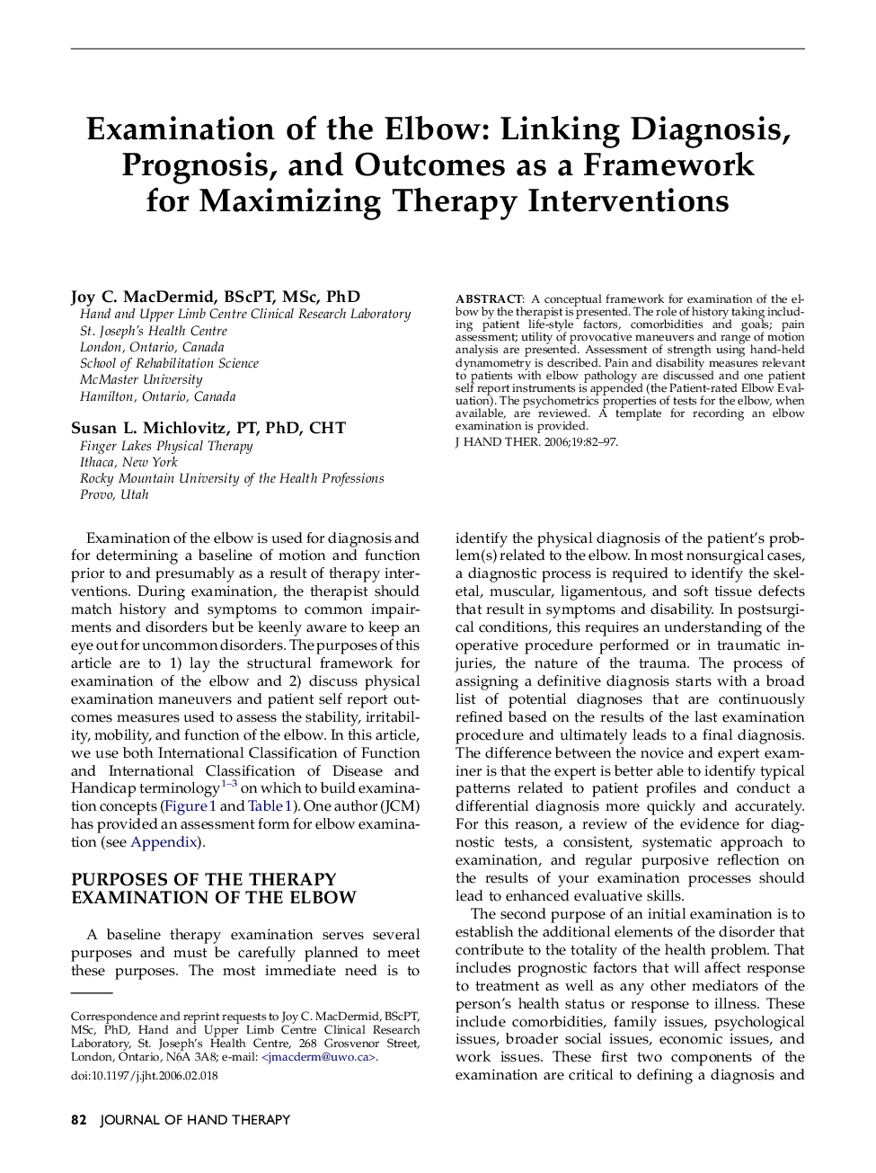 Examination of the Elbow: Linking Diagnosis, Prognosis, and Outcomes as a Framework for Maximizing Therapy Interventions 