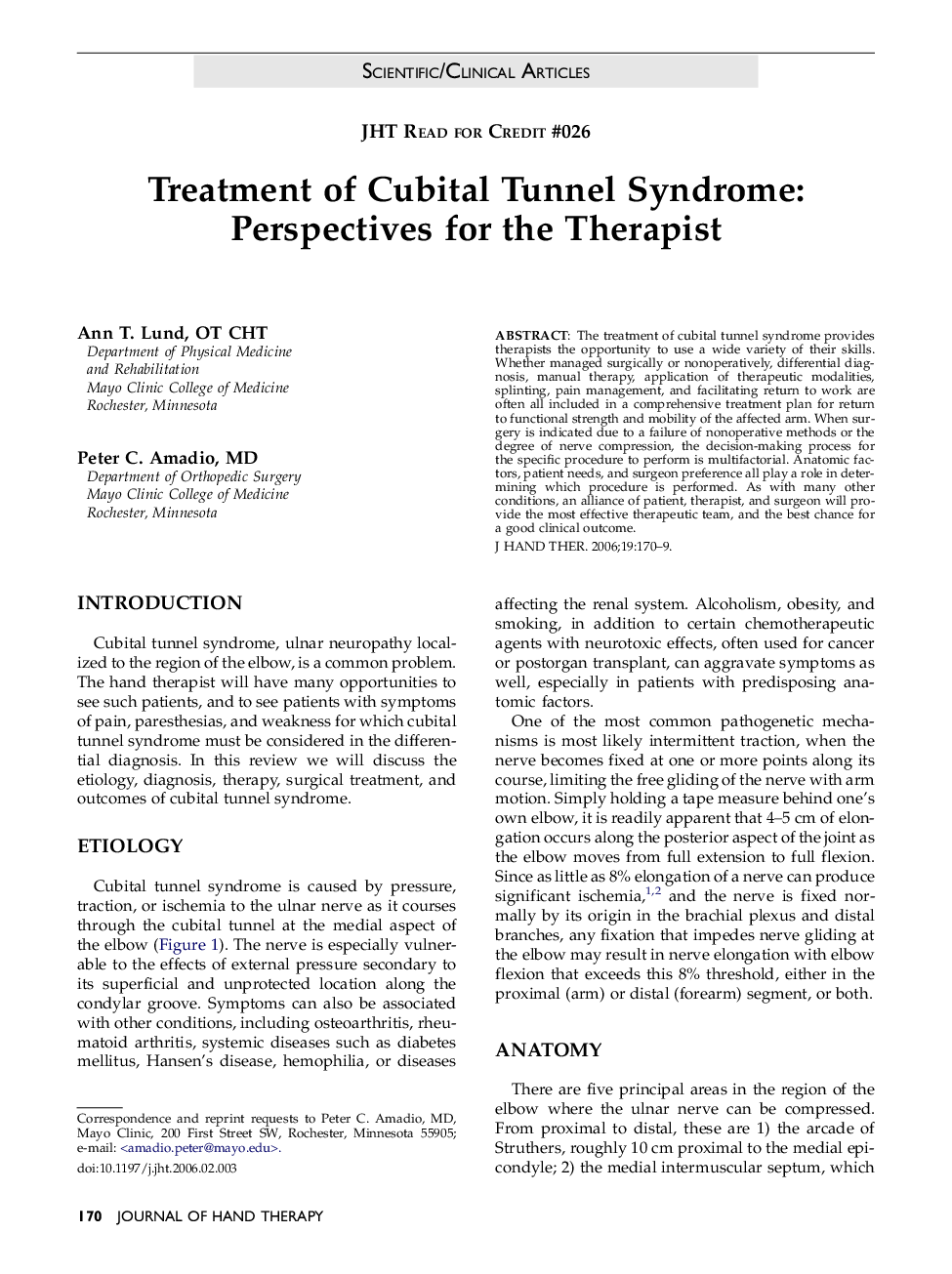 Treatment of Cubital Tunnel Syndrome: Perspectives for the Therapist