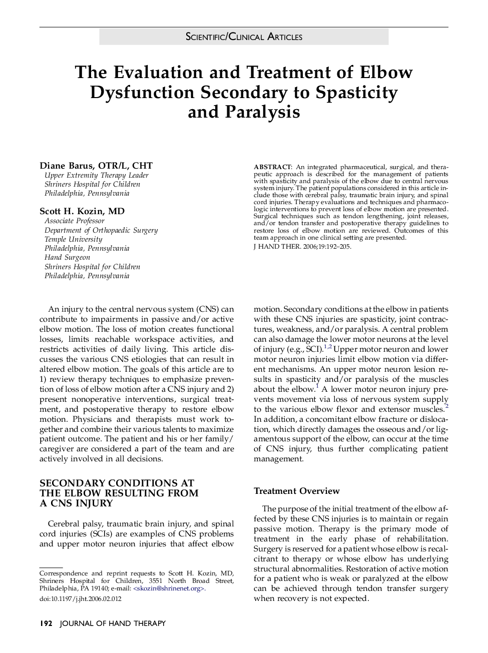 The Evaluation and Treatment of Elbow Dysfunction Secondary to Spasticity and Paralysis