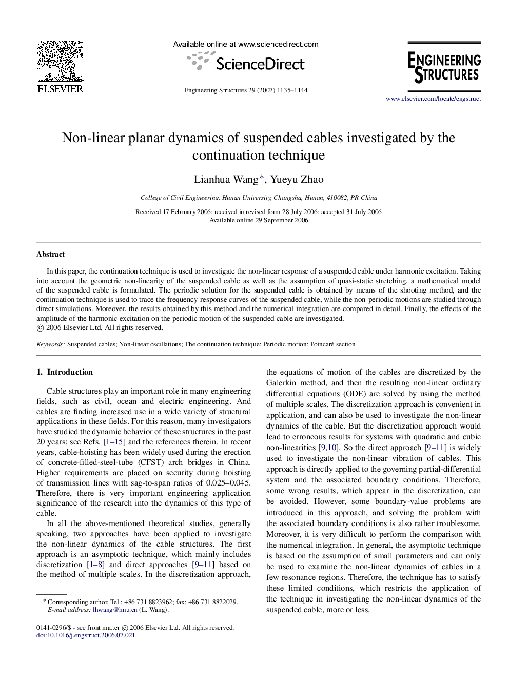 Non-linear planar dynamics of suspended cables investigated by the continuation technique