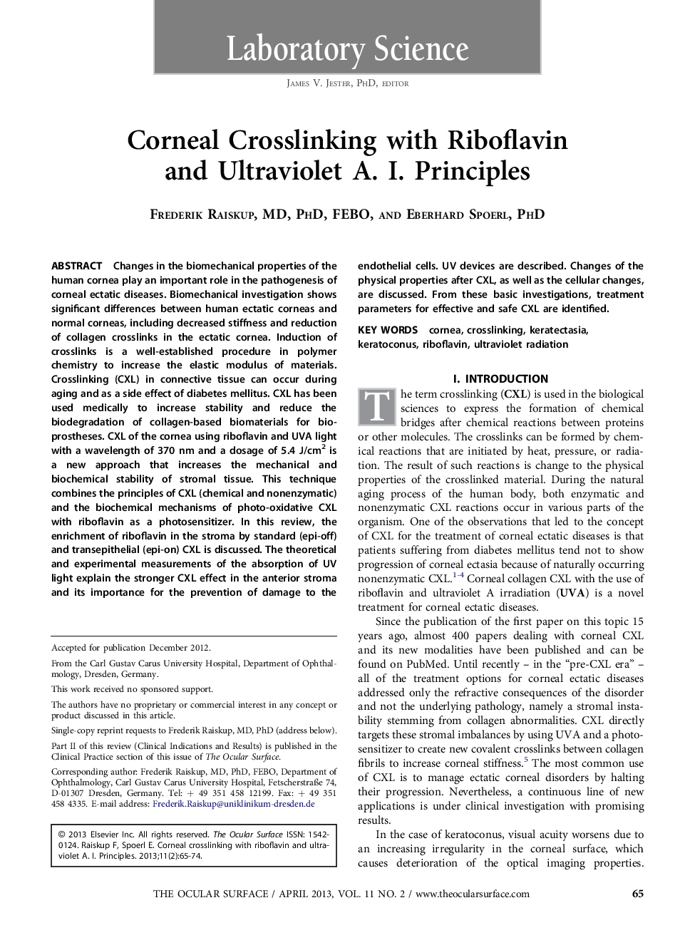 Corneal Crosslinking with Riboflavin and Ultraviolet A. I. Principles 